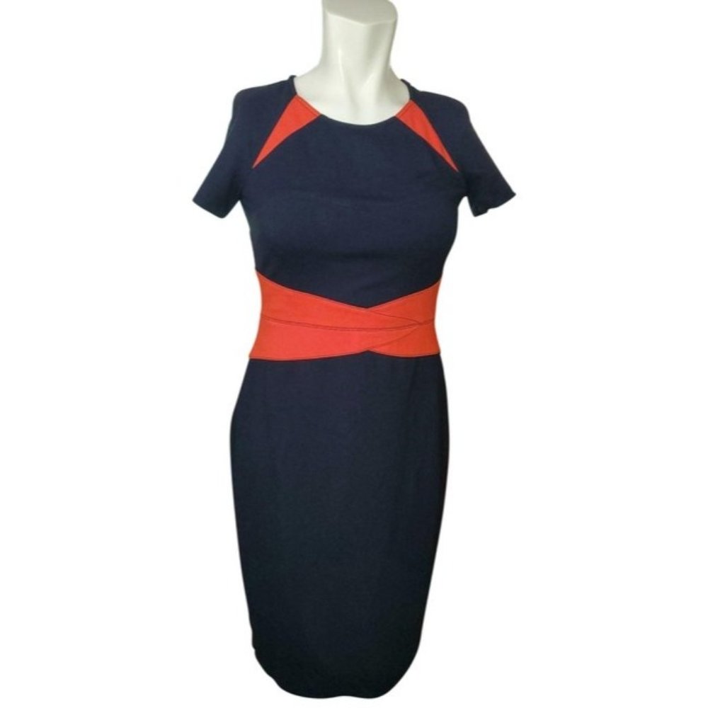 Nue by Shani Navy/Orange Ponte Color-Block Sheath Dress 4